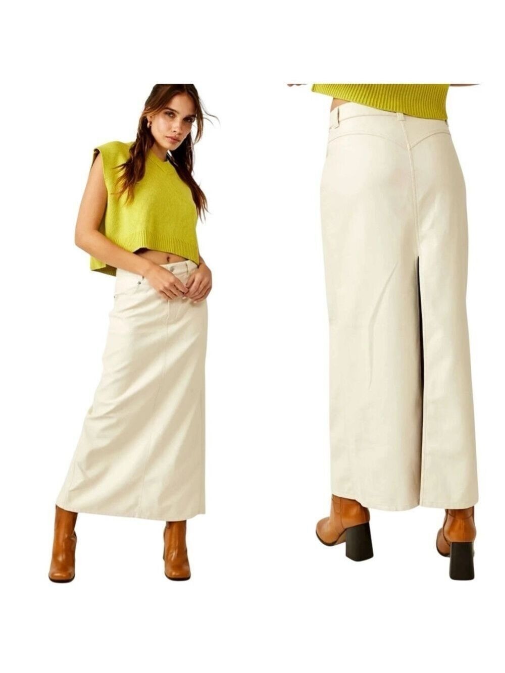 NWT Free People City Slicker in Nilla Cream faux leather back slit maxi skirt 2